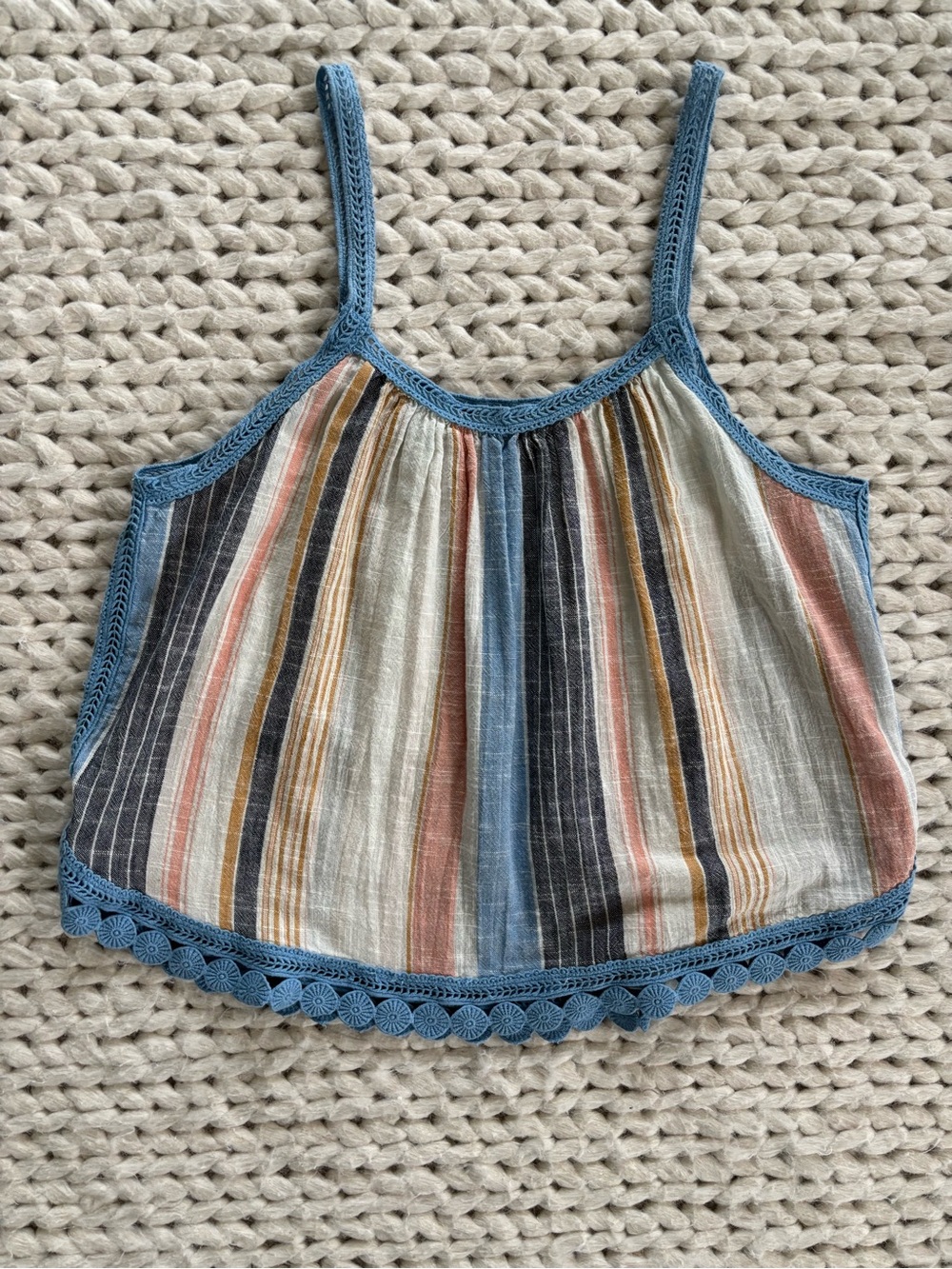 aerie Boho Striped Tank Top with Blue Crochet Trim